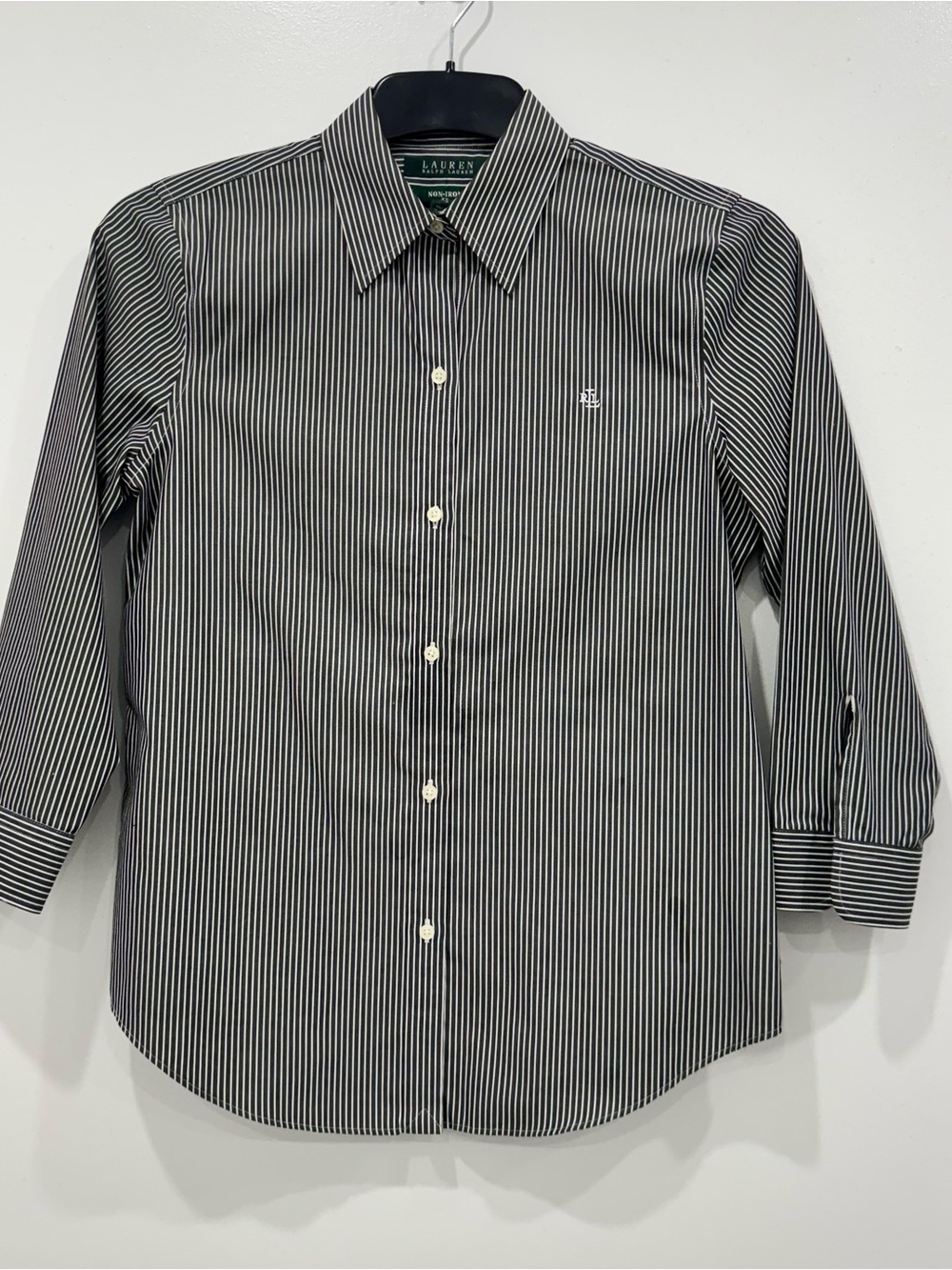 Lauren Ralph Lauren Non-Iron Striped Button Down Shirt XS Black White Career Top